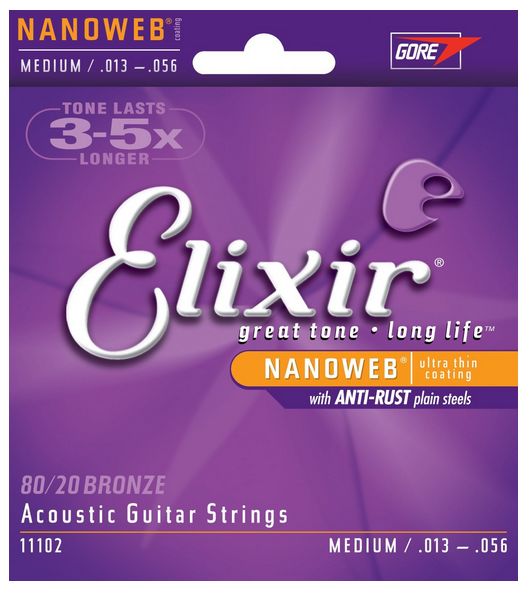 Elixir Strings 11102 Nanoweb 80/20 Bronze Medium Acoustic Strings .013-.056