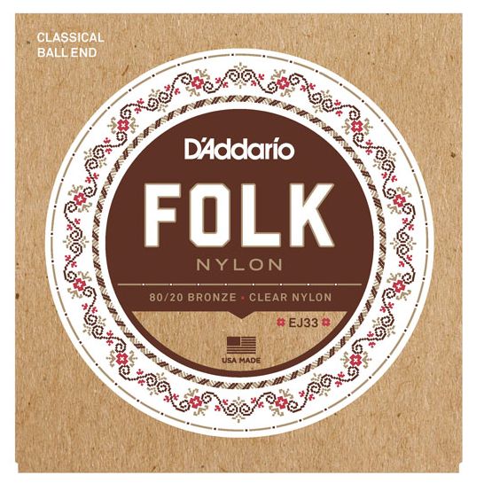 D'Addario EJ33 Folk Nylon Strings, Ball End, 80/20 Bronze/Clear Nylon Trebles