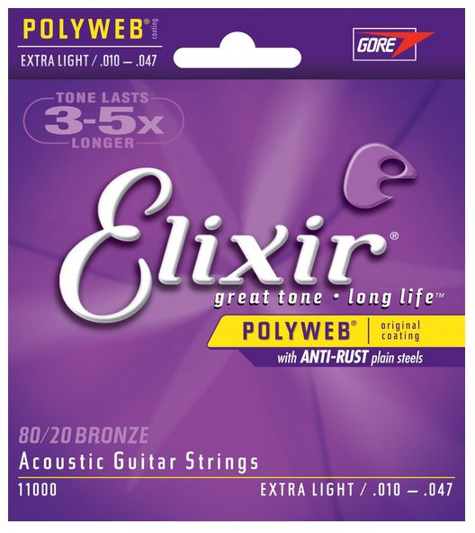 Elixir Strings 11000 Polyweb 80/20 Bronze Extra Light Acoustic Strings .010-.047