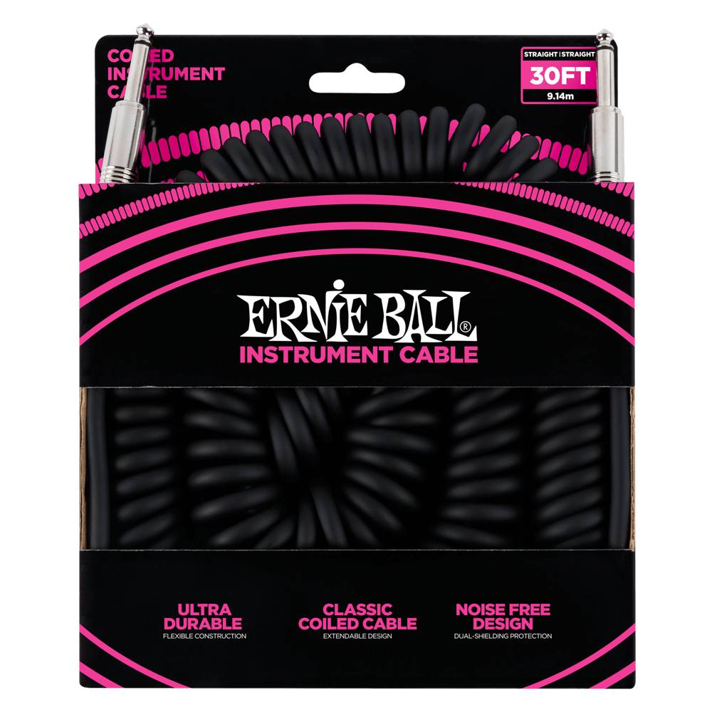 6044 Ernie Ball 30 Ft. Coil Cable Straight / Straight Black Jacket Pink Sleeve
