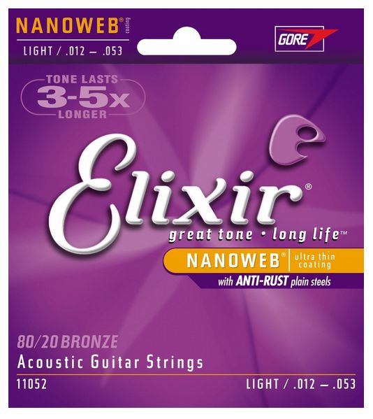 Elixir Strings 11052 Nanoweb 80/20 Bronze Light Acoustic Strings .012-.053