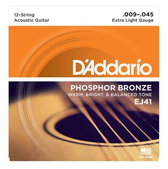D'Addario EJ41 12-String Phosphor Bronze Acoustic Strings, Extra Light, 9-45