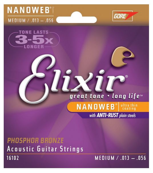 Elixir Strings 16102 Nanoweb Phosphor Bronze Medium Acoustic Strings .013-.056