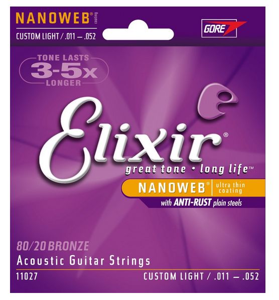 Elixir Strings 11027 Nanoweb 80/20 Bronze Custom Light Acoustic .011-.052
