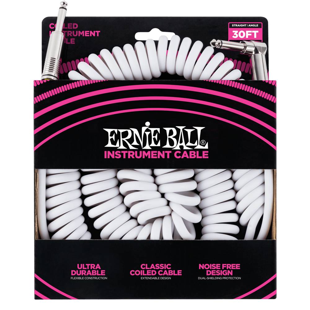 6045 Ernie Ball 30 Ft. Coil Cable Straight / Angle White Jacket Green Sleeve