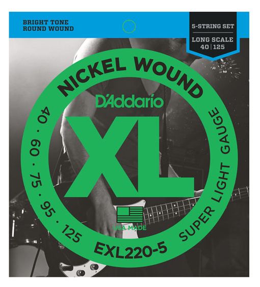 D'Addario EXL220-5 5-String Nickel Wound Bass, Super Light, 40-125, Long Scale