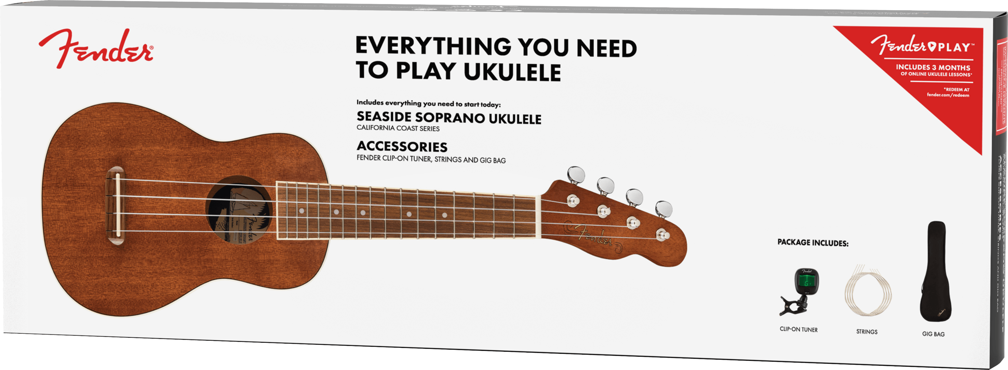 Fender Seaside Soprano Ukulele Pack, Walnut Natural